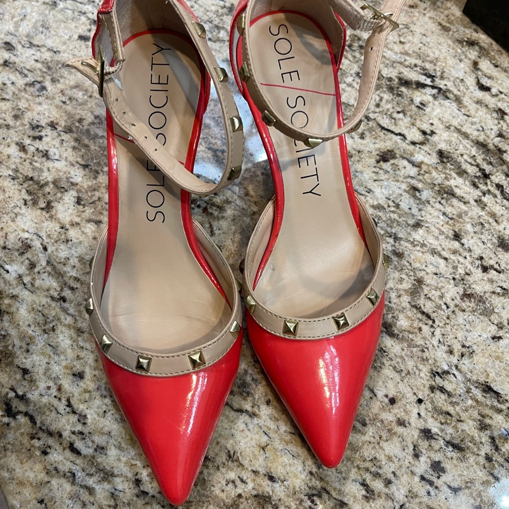 Sole Society Coral and Tan Heels with Pointed Toe and Studded Straps